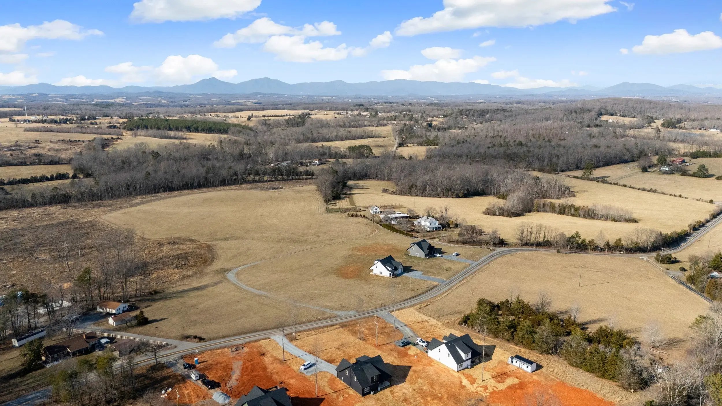 Aerial view of rural Virginia land and homesites
