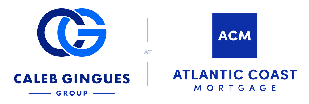 Caleb Gingues Group logo with intertwined CG initials in blue, alongside ACM logo for Atlantic Coast Mortgage in blue text.