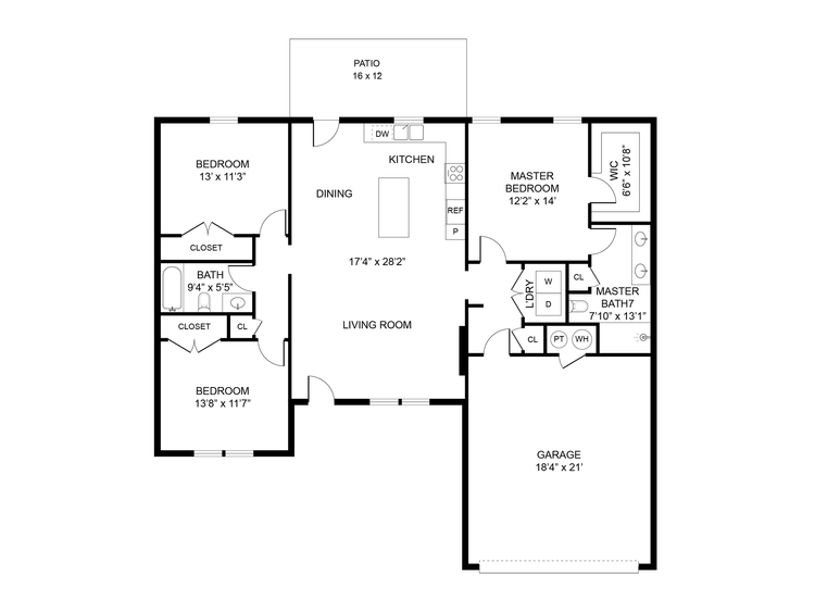 Fox Hall floor plan layout with 3 bedrooms, 2 bathrooms, and open living area